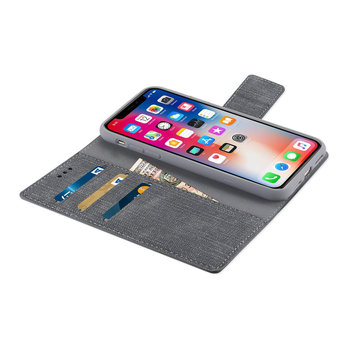 Reiko iPhone X Denim Wallet Case with Gummy Inner Shell and Kickstand  Function (Gray) –