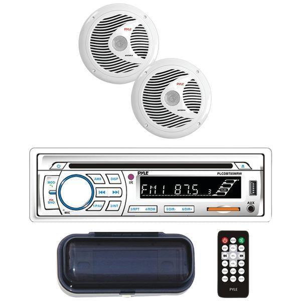 Pyle PLCDBT65MRW Marine Single-DIN In-Dash CD AM-FM Receiver with Two  6.5inch Speakers, Splashproof Radio Cover  Bluetooth (White) – 